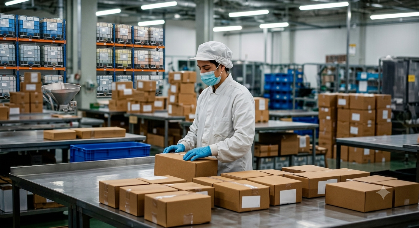 Estanterías con cajas de empaque de alimentos